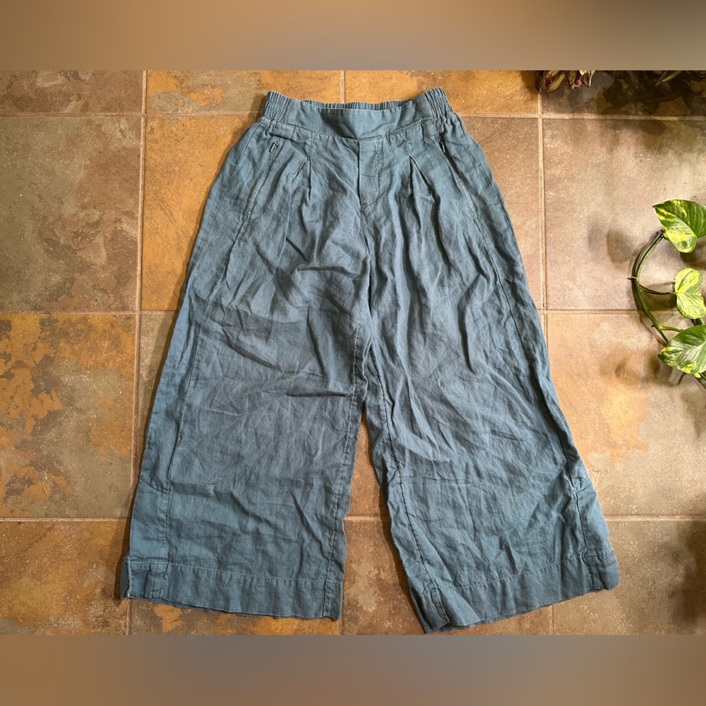Athleta Playa 100% Linen Wide Leg Crop Pleated High Rise Pants Blue Teal Size 4